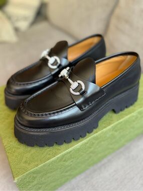 Gucci Black Leather Platform LIMITED EDITION Loafers with crystals